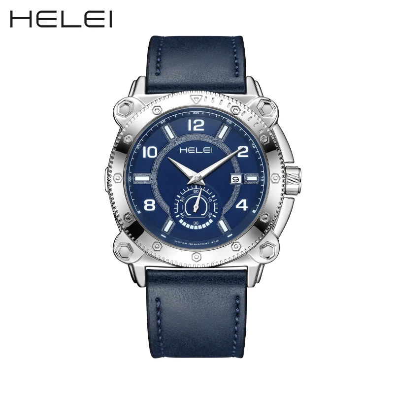 HELEI Fashion new sports casual quartz watch date genuine leather strap men's wristwatch