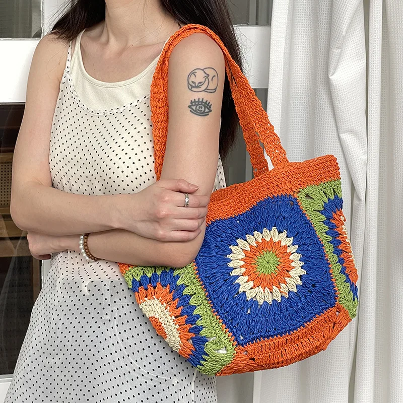 Sac à Main en Paille Tissé au Crochet pour Femme, Sacoche de Plage en Corde de Papier, Fourre-Tout de Voyage Chic, Style Bohème