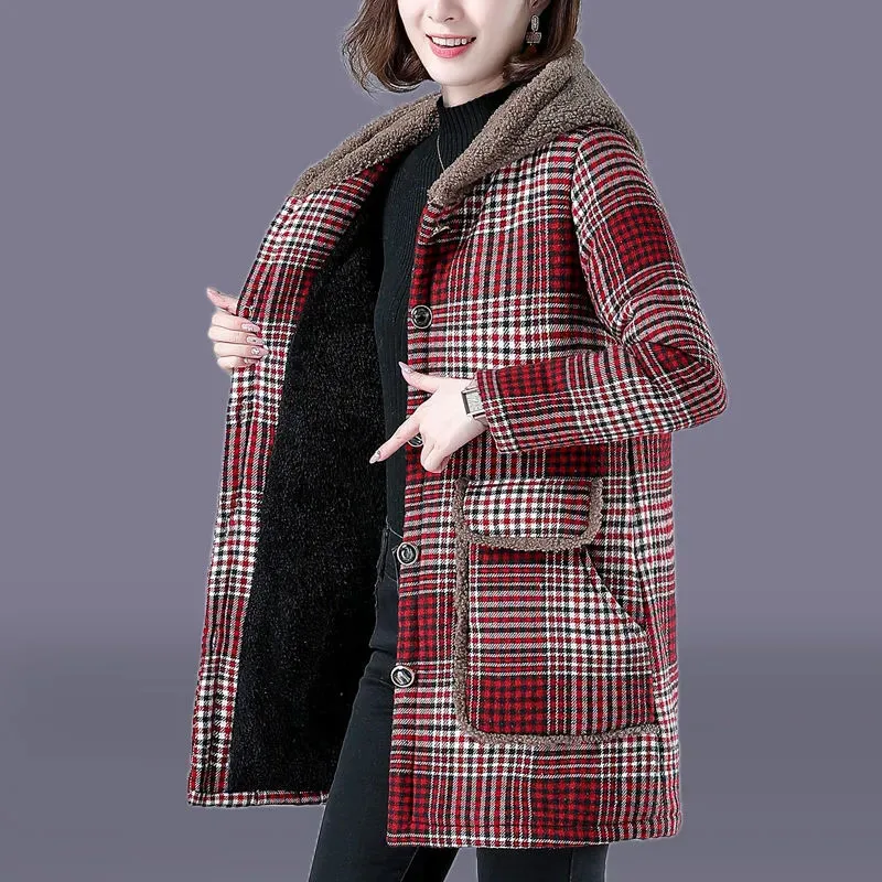 Women's Long Hooded Parka, Warm Cotton Coat, Quilted Jacket, Plaid Plus Velvet, Middle-Aged Women, Female, Autumn, Winter, New,