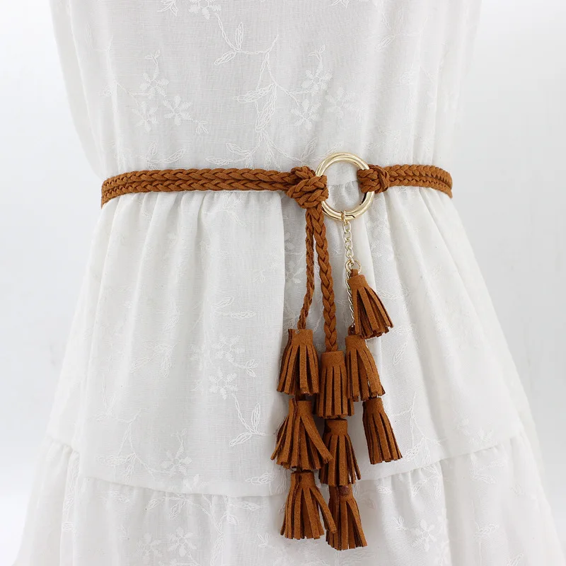 Fashionable Knotted Dress-Style Braided Women’s Belt Ethnic-Style Fringe Versatile Three Strands of Fringe with Gold Rings