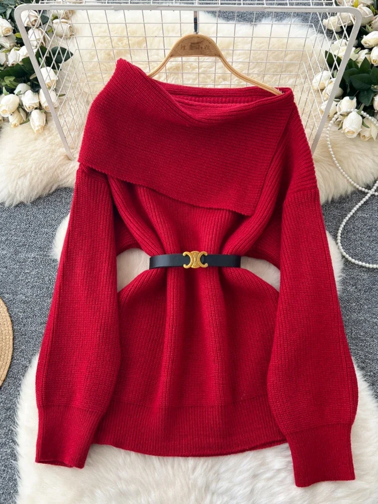 Women Knitted Sweater Autumn Winter Sexy Off Shoulder Lapel Slim Pullover Tops Female Solid Long Sleeve Korean Casual Sweaters