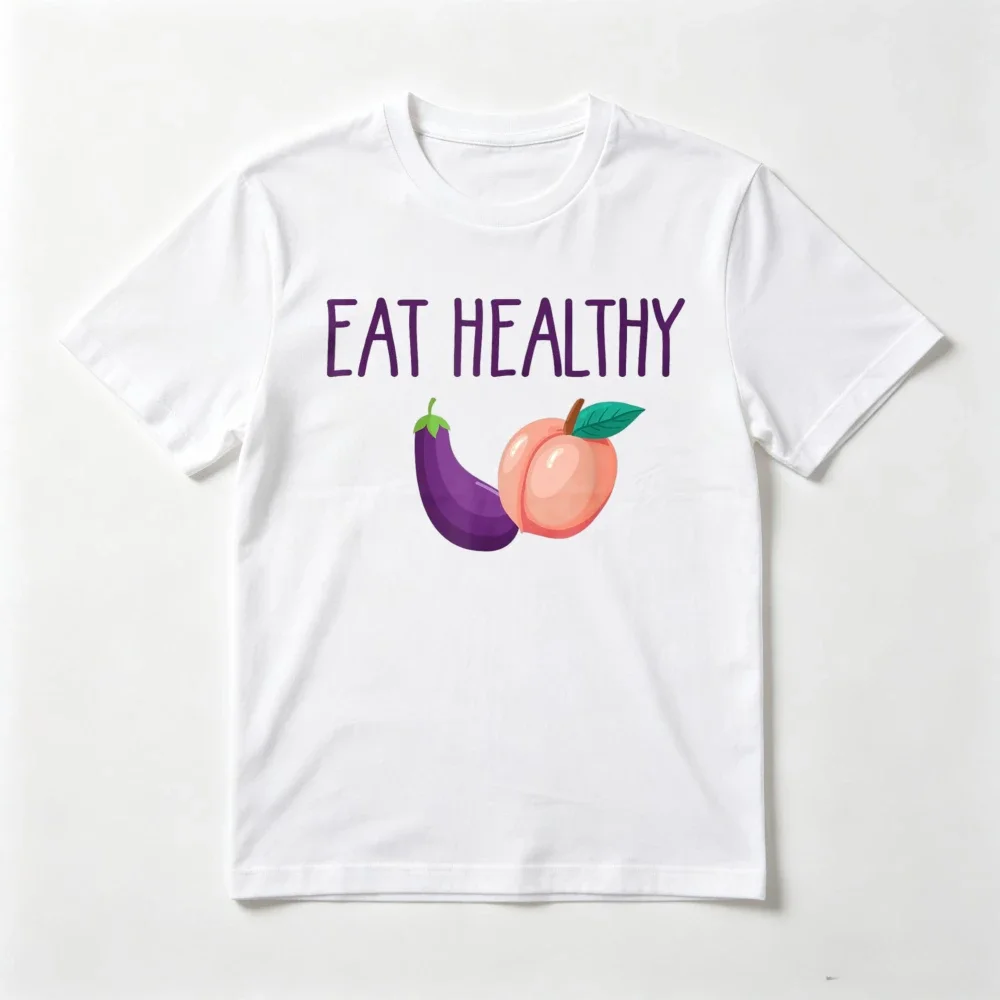 Eat Healthy Peach Eggplant Funny Graphic Printed T-Shirt Vegetarian Vegan Casual Fashion Loose Man Women Tshirt Short Sleeve Tee