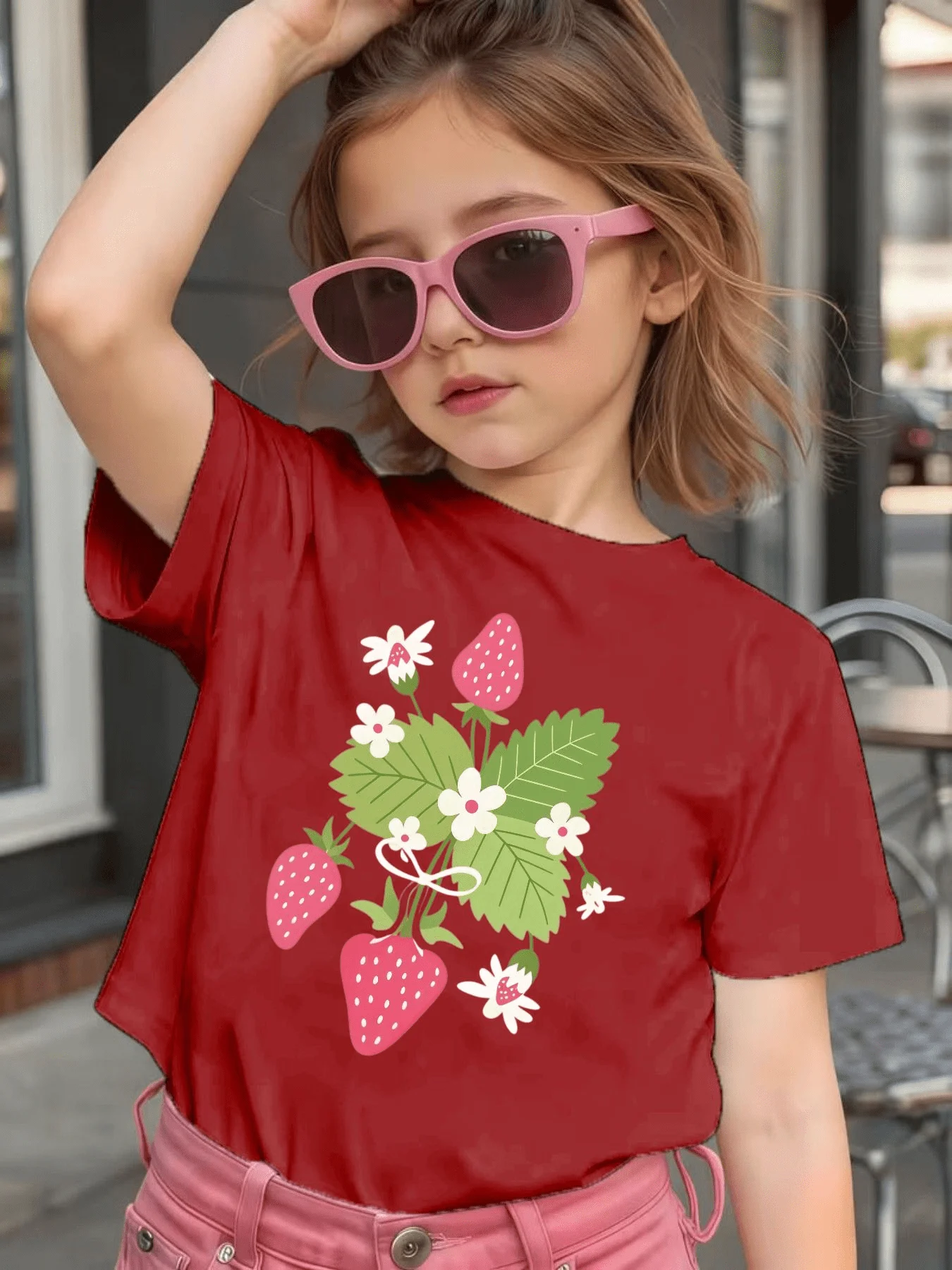 Cute Strawberry Flower Bouquet Print Graphic Kids Tee Boys Girls Family Matching Cotton Crew Neck Short Sleeve Soft Summer Tee