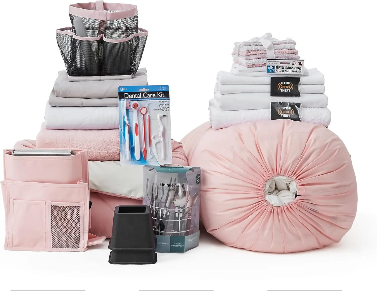 The 44-Piece College Dorm Essentials Set - Totally Complete - Rose Quartz/Stone Taupe Color Set - Twin Xl Bed In A Bag