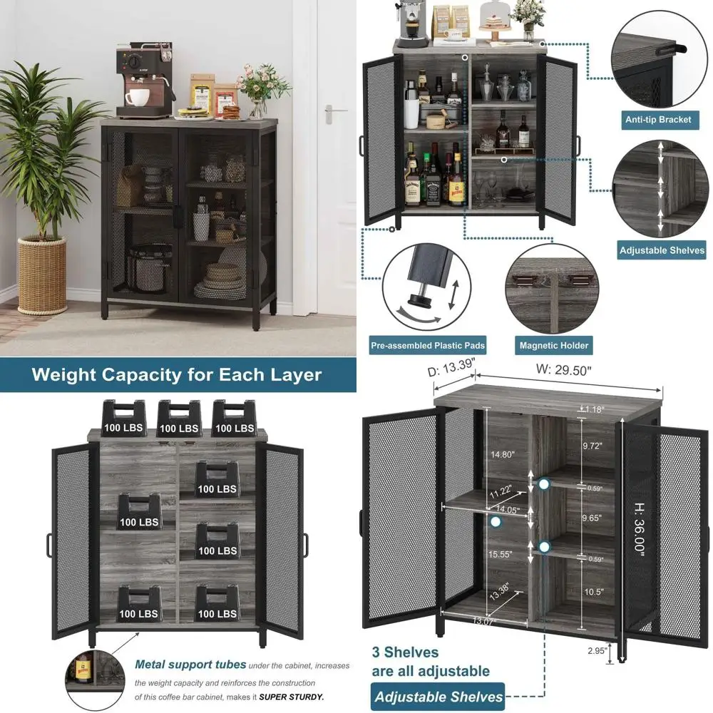 Mueble Bar Estilo Rústico en Roble Gris Oscuro con Puertas para Cocina, Comedor y Sala de Estar