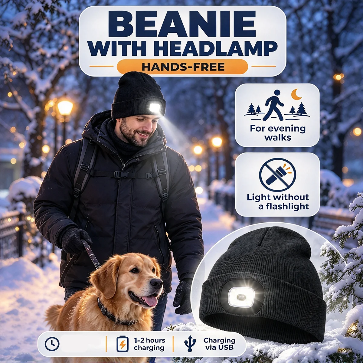LED Lighted Beanie Hat USB Rechargeable Unisex Warm Winter Knitted Cap Headlamp Flashlight For Night Running Cycling