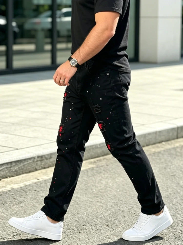 Men Black Ripped Jeans Slim Fit Streetwear Paint Splatter Stretch Denim Pants Washed Cotton Casual Street Straight Leg Trousers