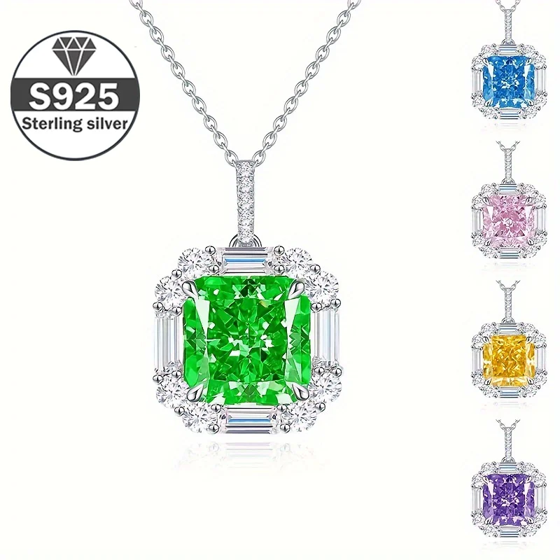 

925 Silvery High 6*6mm Zircon Artificial Square Pendant Necklace, Candy Color Pendant Necklace
