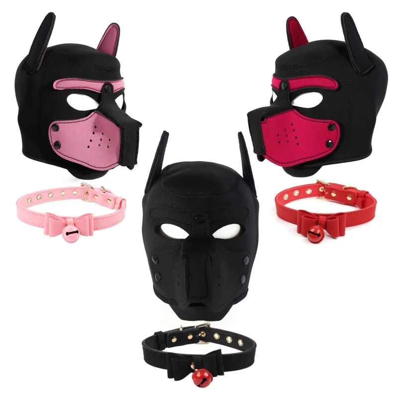 Neoprene Fetish Puppy Cosplay Mask with Collar Full Head Detachable Nose Slave Hood Role Play Games Exotic Costumes Dog Headgear