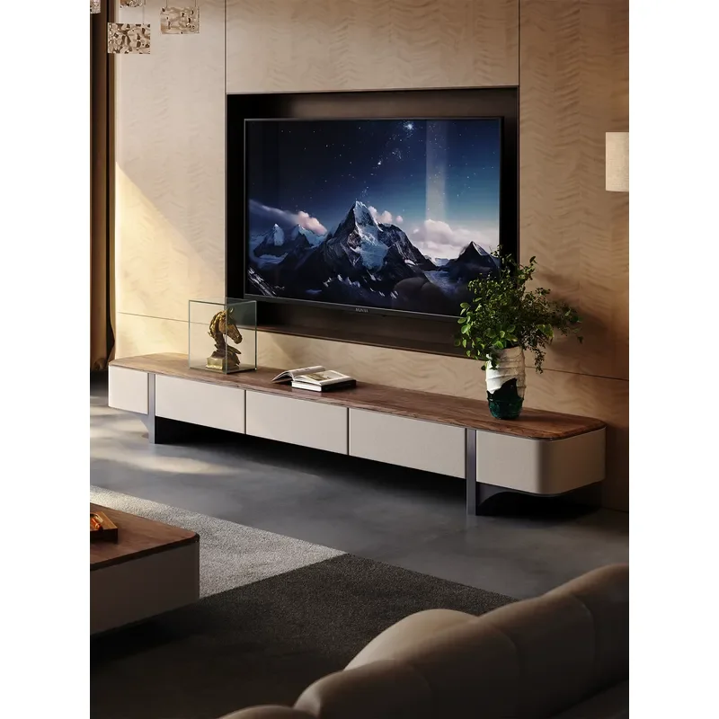 Modern Walnut TV Cabinet Simple Living Room Storage Unit Integrated Light Luxury Media Console for Home Entertainment Center