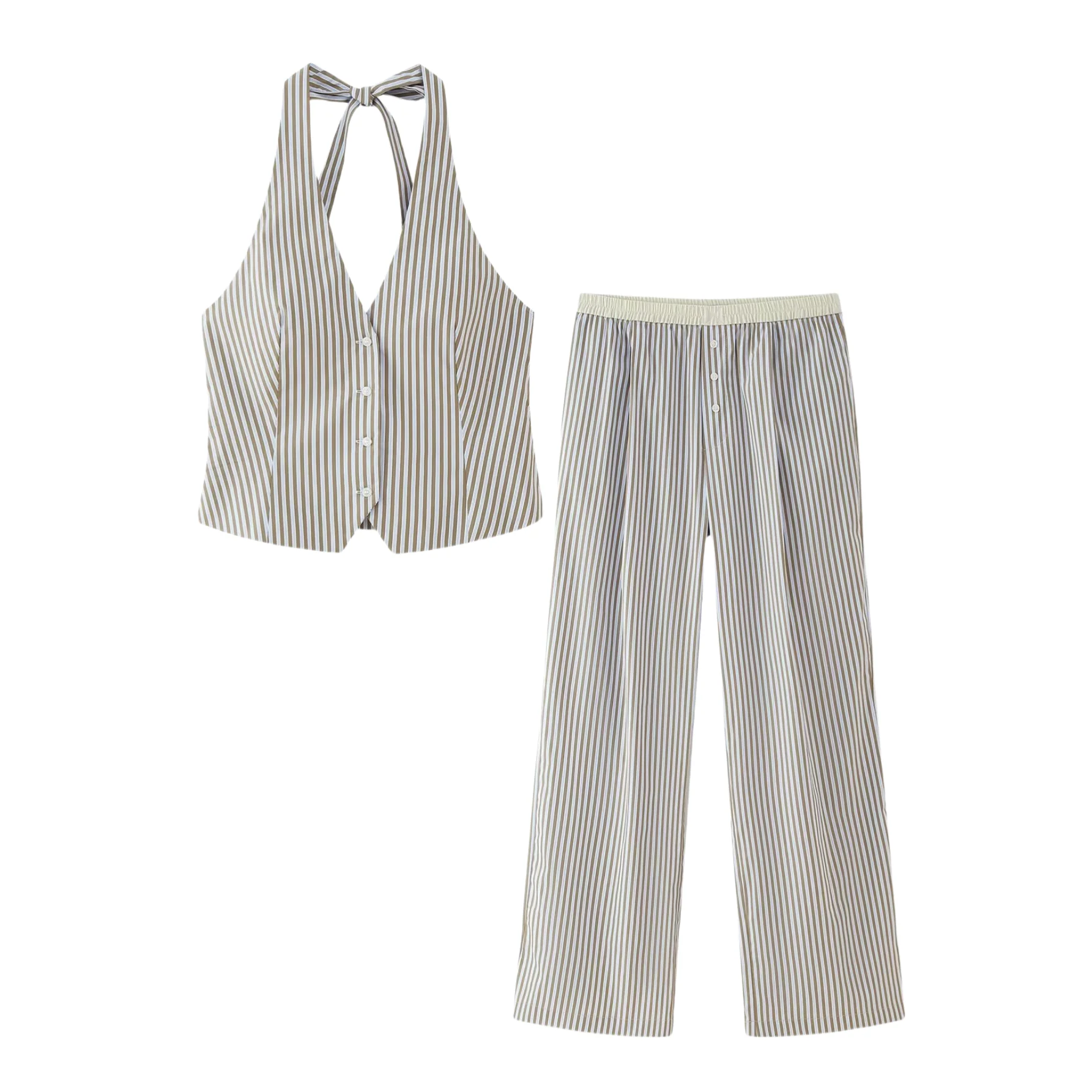 

Taop&Za 2025 Women's Halter Neck Striped Sleeveless Top and Wide - Leg Pants Set with Button Details for Summer