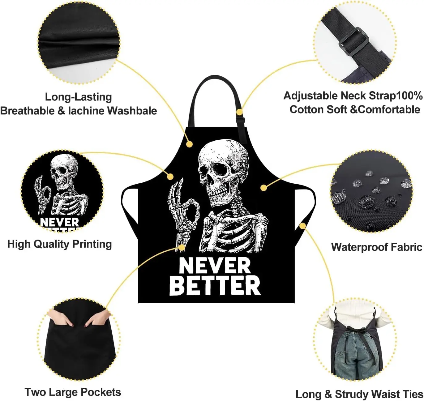 Tablier squelette cuisine maison cuisson jardinage pour femmes hommes avec poches imperméable 32x28 pouces