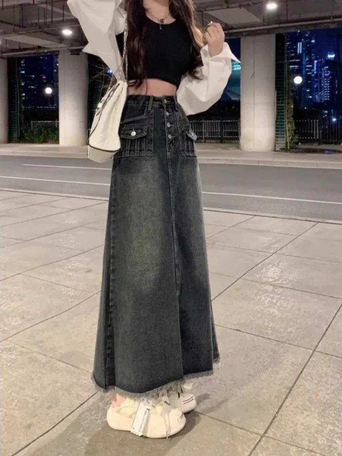 

Юбка трапециевидной формы с высокой талией, женская джинсовая юбка больших размеров, утягивающая юбка, закрывающая живот, ретро, удобная для поездок на работу, чистый цвет