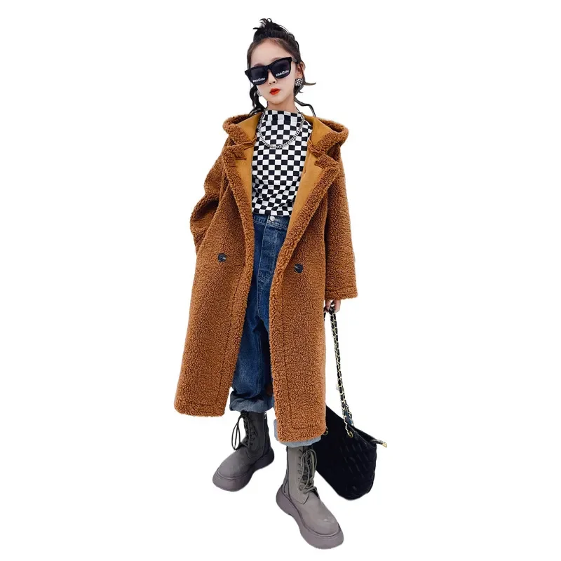 New Fashion Hooded Coat for Girls Autumn Winter Thick Warm Fur One-piece Tops Kid Clothes Teens Casual Long Outerwear 4-14 Y