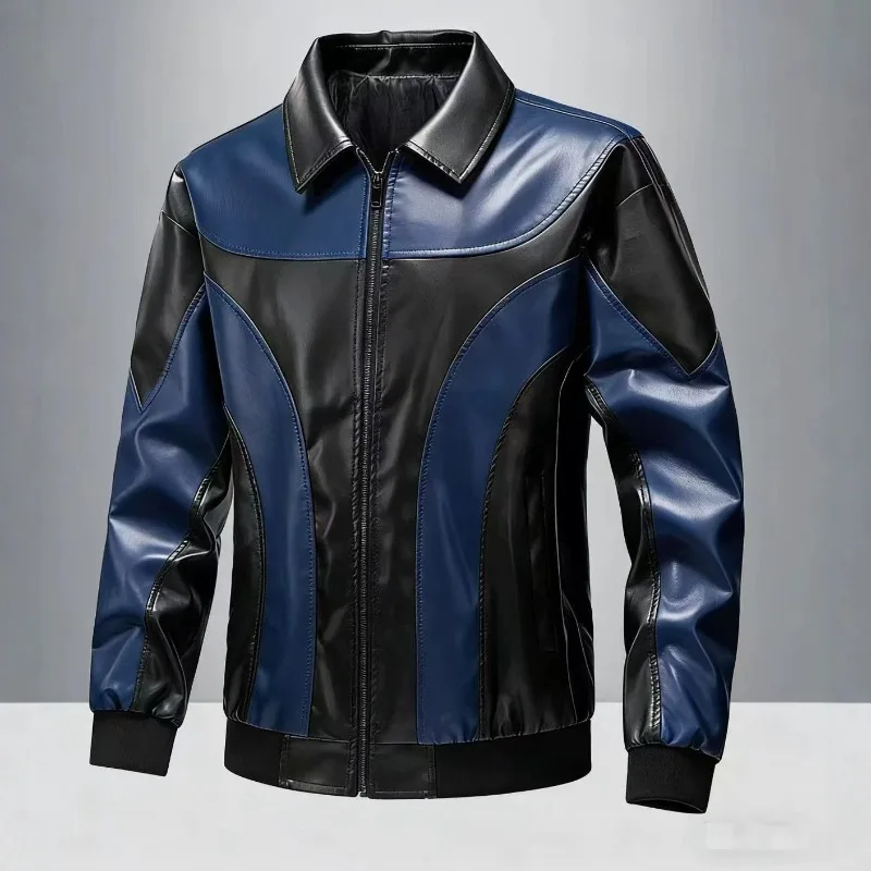 Vintage Streetwear Men's Biker PU Leather Jacket Casual Patchwork Stand Collar Warm Zipper Chaqueta de Cuero Hombre
