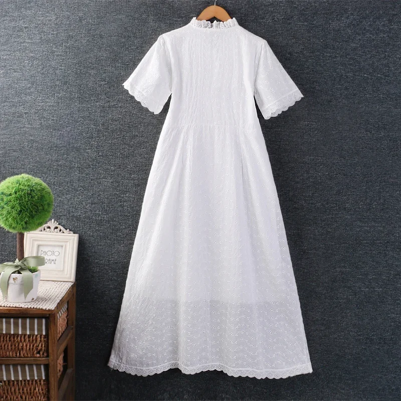 Summer Sweet Mori Girl Hollow Out Embroidered Dress Women Ruffles Collar Short Sleeve Casual Loose Cotton Midi Dresses White