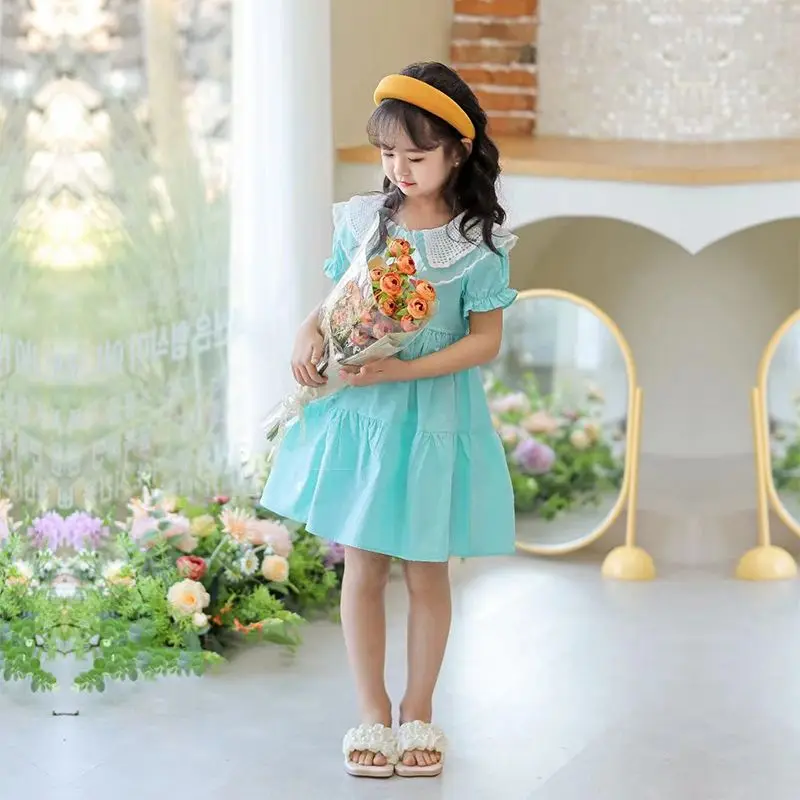 2023 Summer Arrival Girls Short Sleeve Turn-down Collar Orange Roupa Infantil Menina Cute Cheongsam Dress Custume 18M-7T