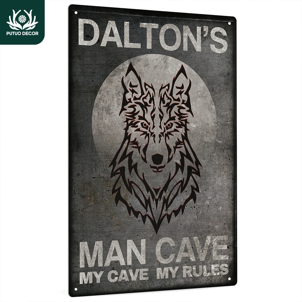 

Putuo Decor Personalized Man Cave Sign, Custom Name, Gifts for Men，Wolf，12x8 Inches Metal Wall Sign for Home, Coffee Station