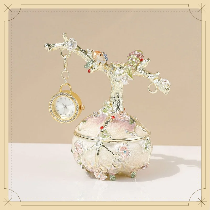 Personality Enamel Magpie Plum Blossom Trinket Box,Vintage Clock Hand Painted Jewelry Organizer,Creative Desktop Art Craft Gift