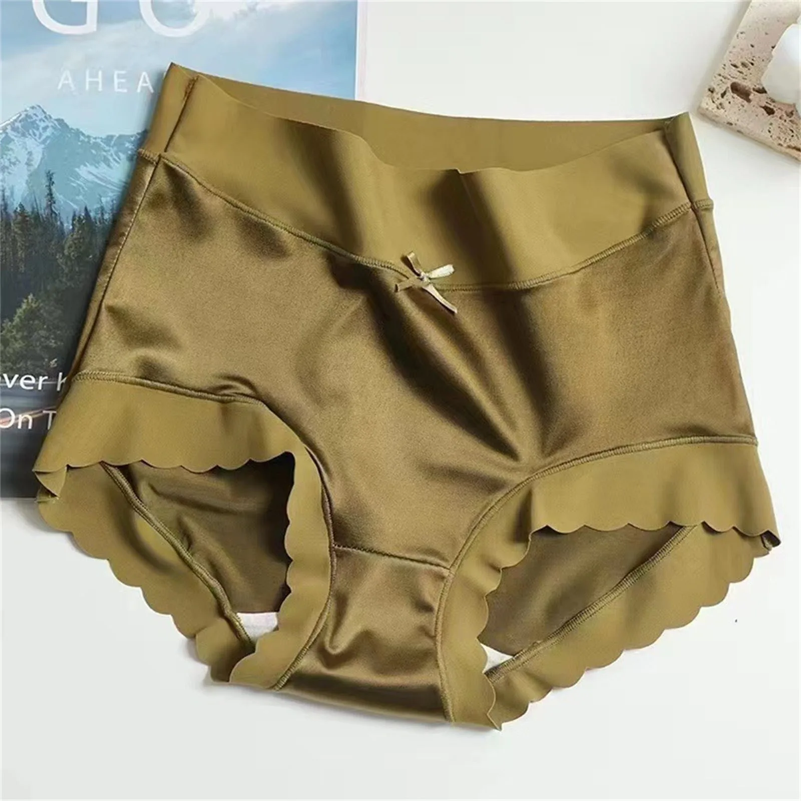 Womens Premium Satin Ice Silk Underpants Smoothy High Waist Panties Seamless Shaping Briefs Bowknot Ruffles Comfy Sleep Panties