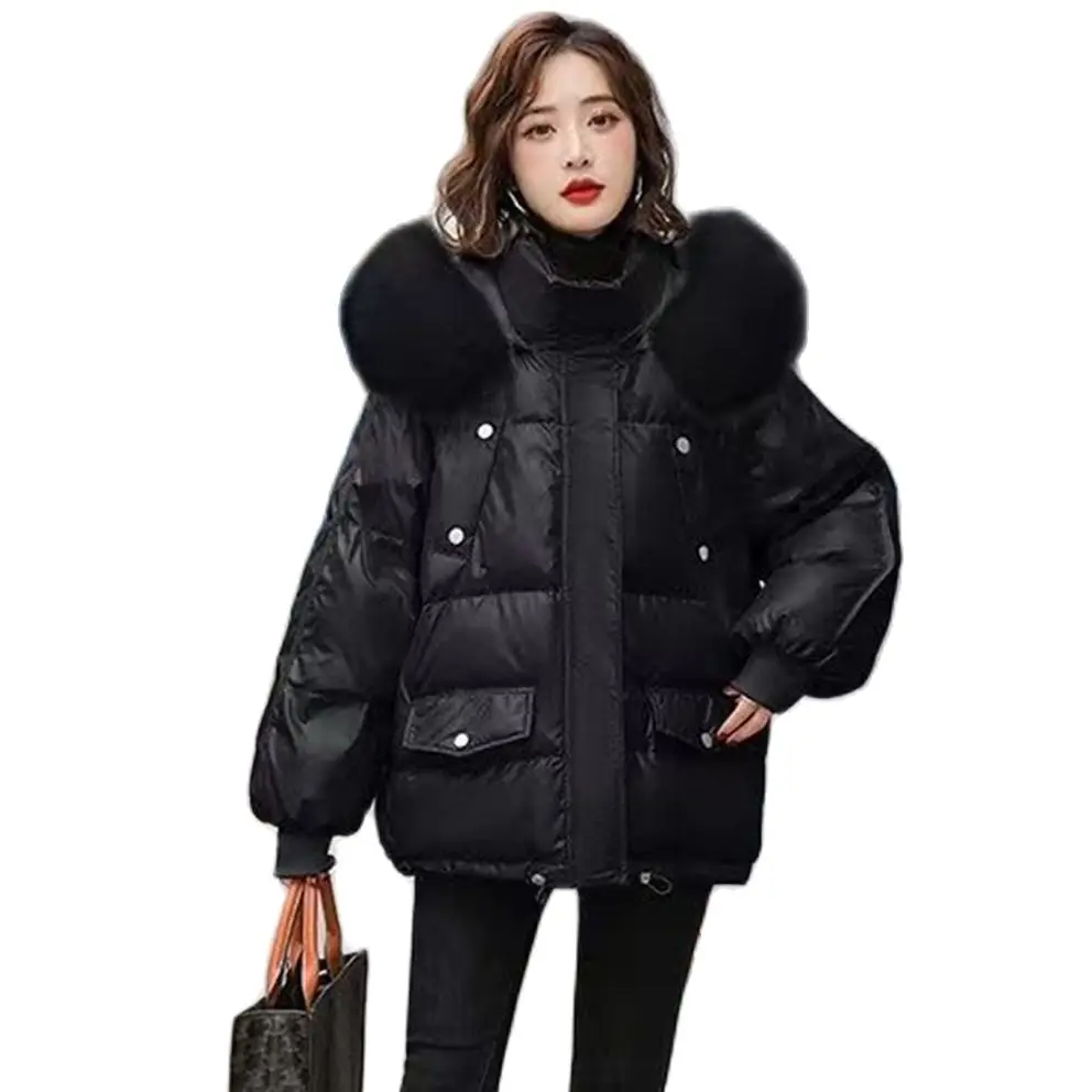 

Deep down Jacket Female White duck down mid -length shiny Face loose top Coat thick Hooded Student Outer Jacket oil Prevention