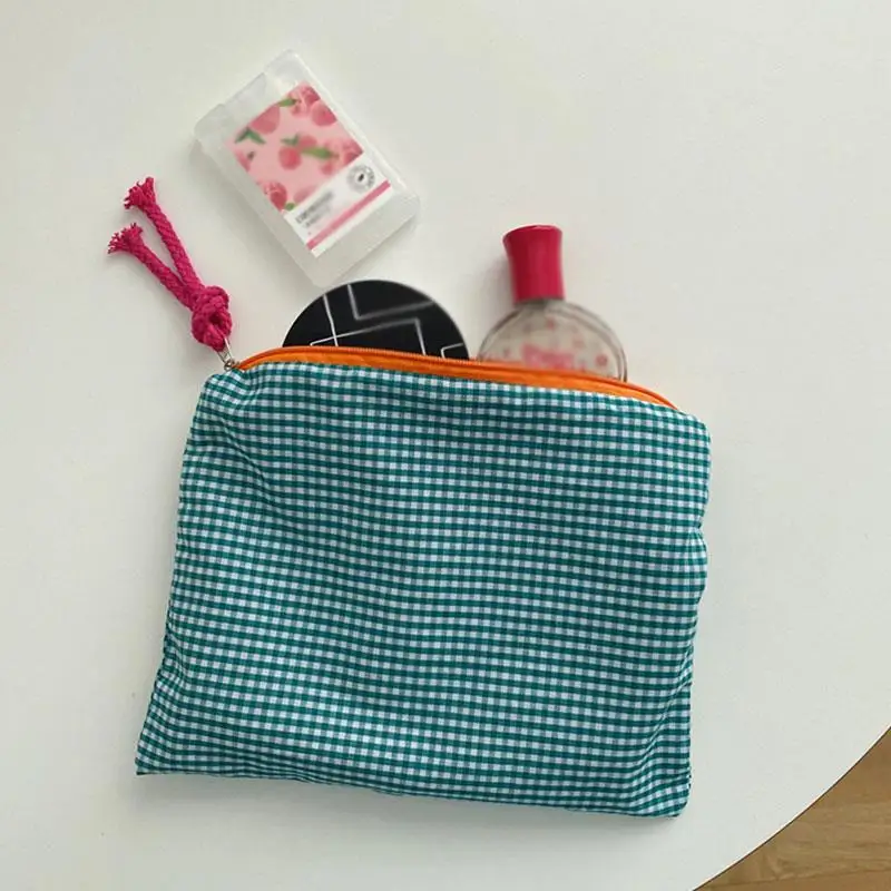 Borsa per trucco scozzese da donna per ragazza Borsa per cosmetici in cotone e lino con custodia con cerniera Pochette semplice portatile di grande capacità