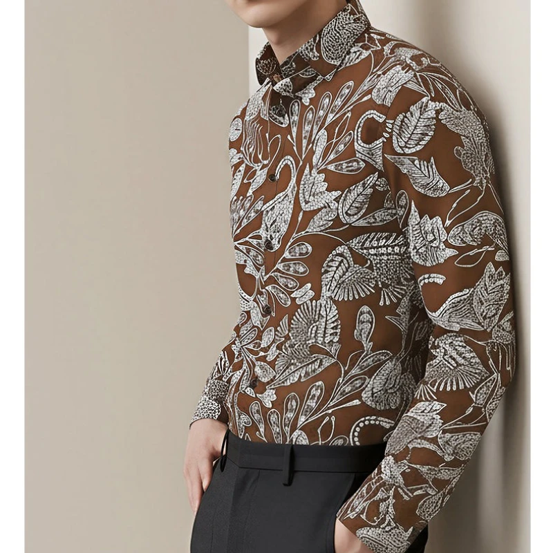 Men's Black & White Paisley Pattern Long Sleeve Shirt - Slim Fit Casual Dress Shirt for Work & Party