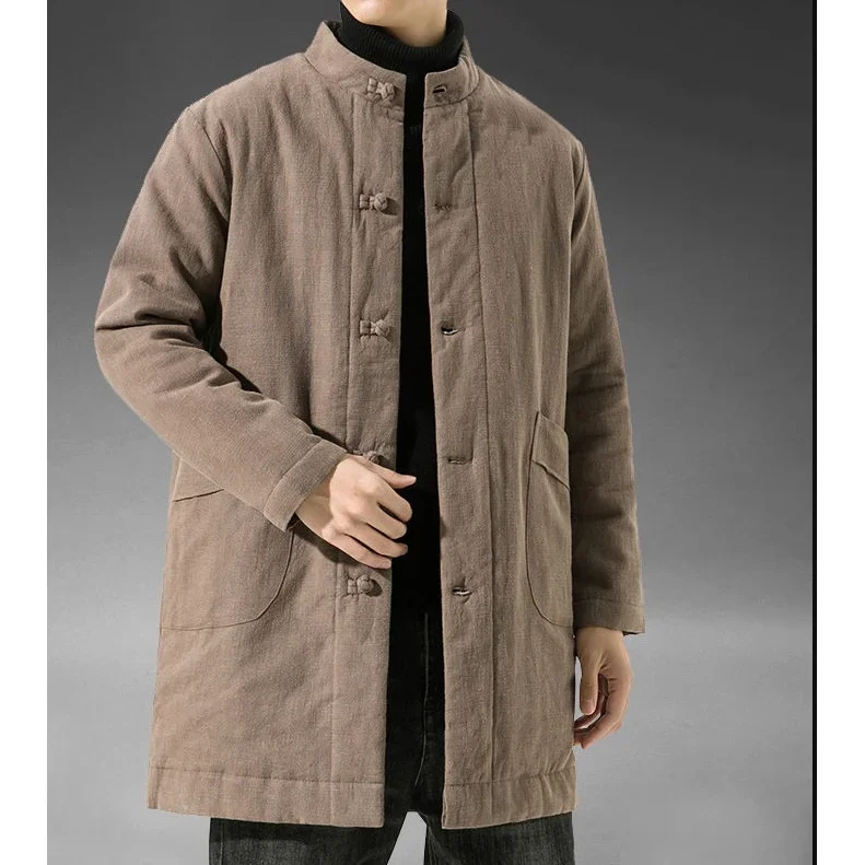 

Winter Coat New Chinese Style Mid Length Hanfu Men Clohting Loose Cotton Linen Tang Clothes Retro Thick Parka Padded Clothing