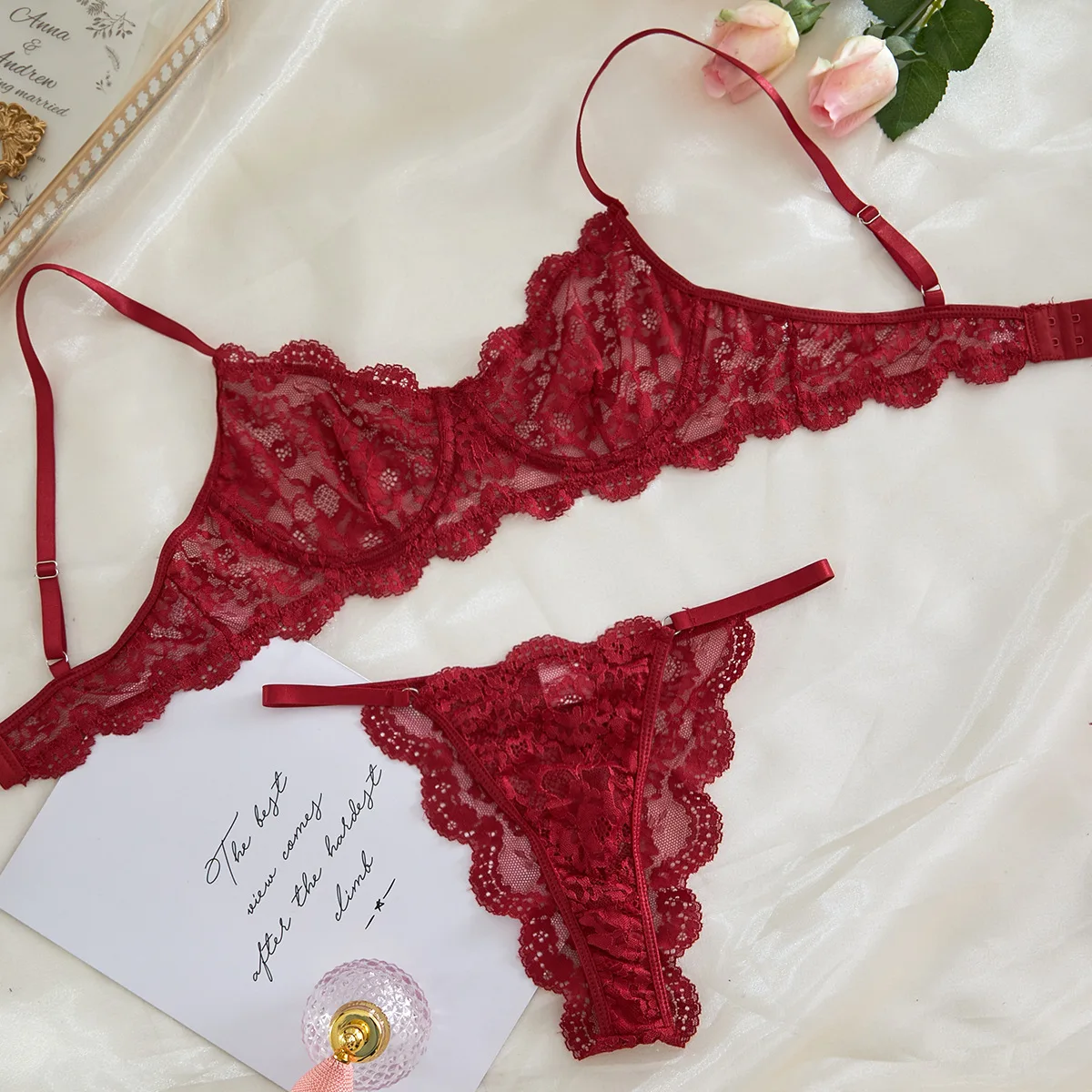 Sexy Strap Lace Perspective Fun Lingerie Set Women\'s Sweet Floral Lace Decor Bra and Panty Set Female French Style Intimates Set