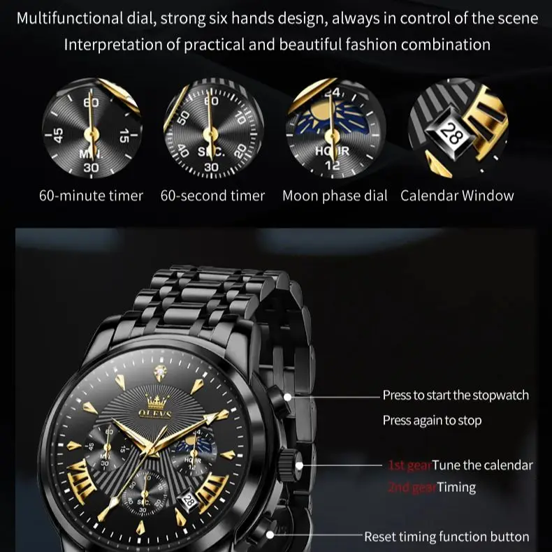 OLEVS 2892 TOP Brand Men\'s Watches Stainless Steel Waterproof Moon Phase Chronograph Quartz Watch for Men
