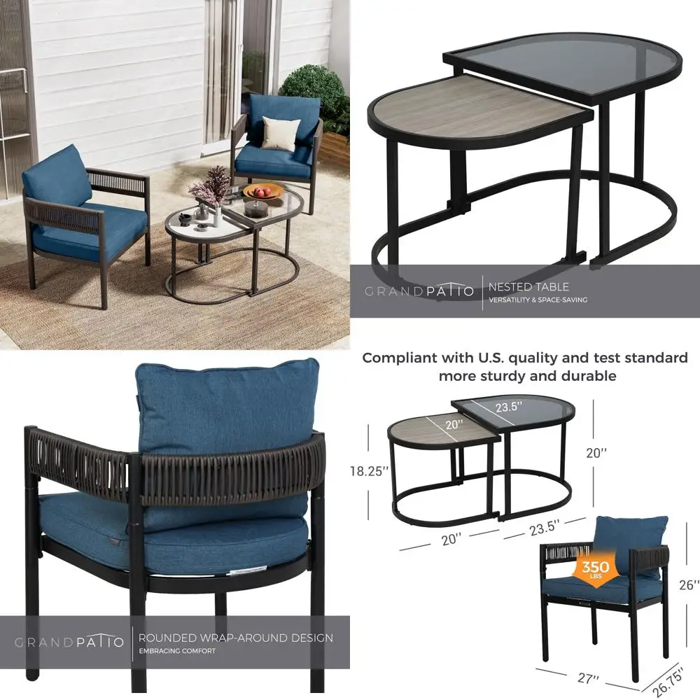 

4-Piece Outdoor Conversation Set with Single Chairs and Coffee Tables, Wicker Furniture, Peacock Blue