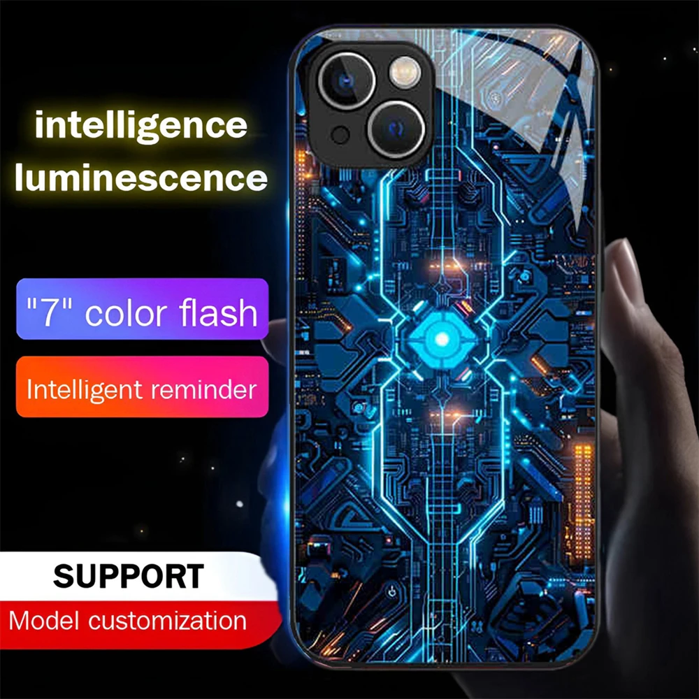 Luxury Blue Chip Design Luminous Glass LED Call Light Up Flash Phone Case Cover For iPhone Air 17 16 15 14 13 12 11 Pro Max Plus
