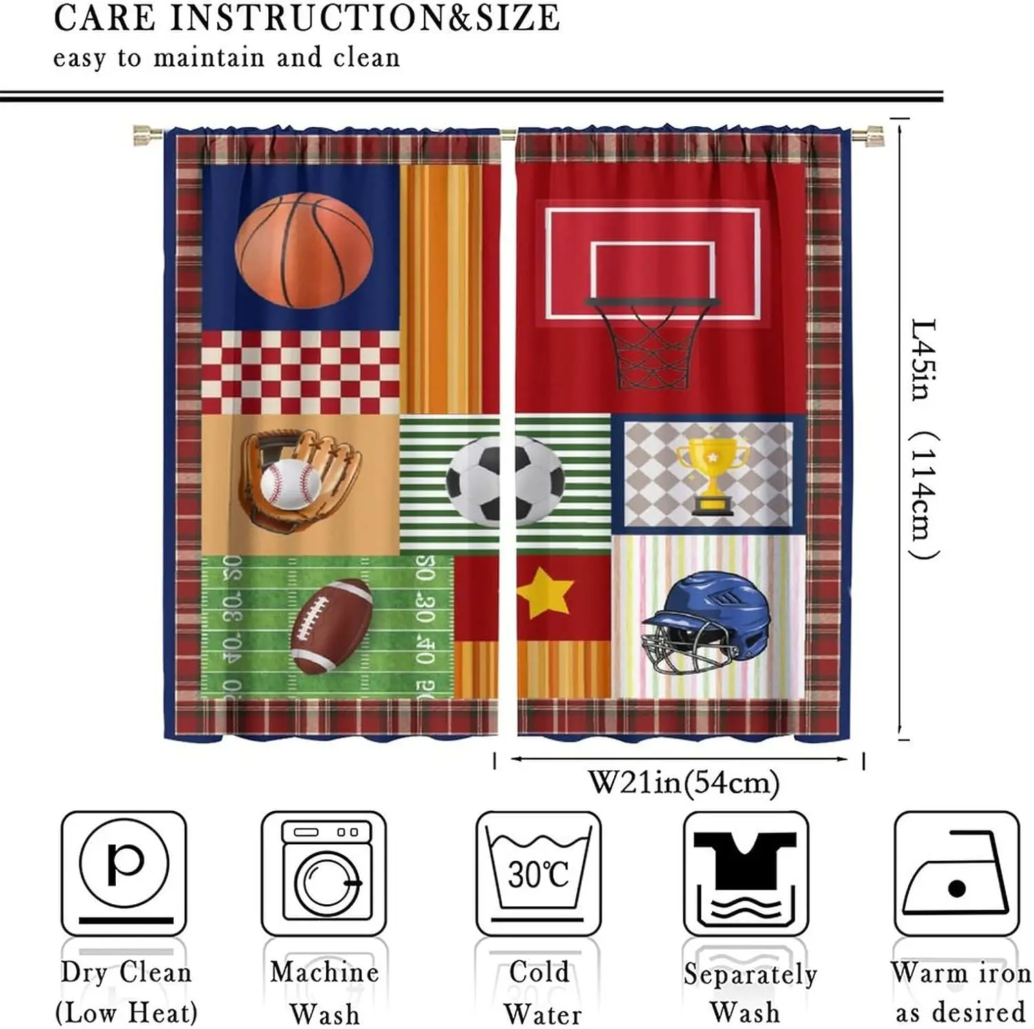 Sports Games for Boys Bedroom Curtains, Basketball Soccer Baseball Graffiti Background Sports Theme Teenage Kids Home Curtains