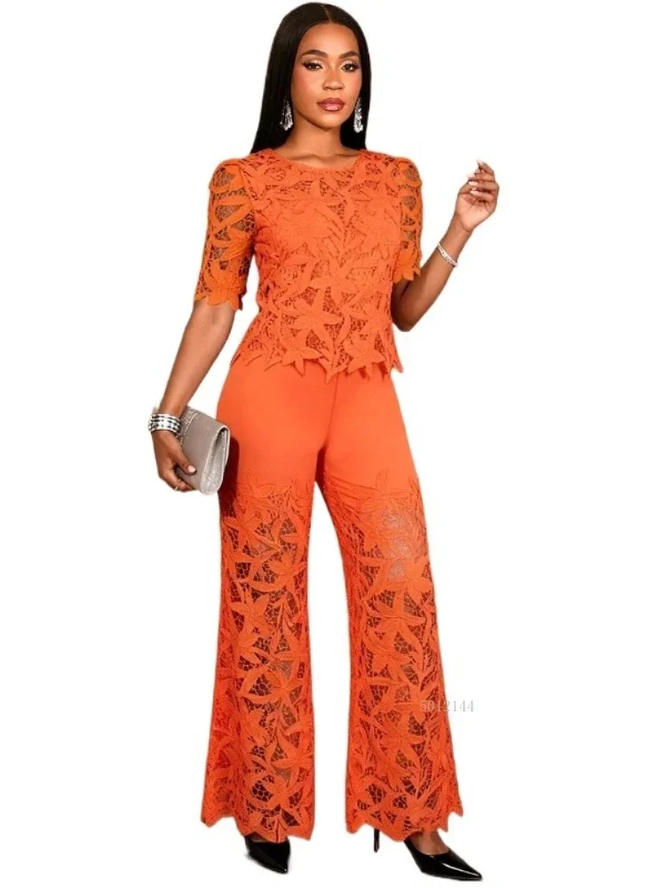 Fashion Lace Hollow Out 2 Piece Set Women Short Sleeve Top See Through Wide Leg Pants Suit Elegant Casual Cocktail Party Outfits