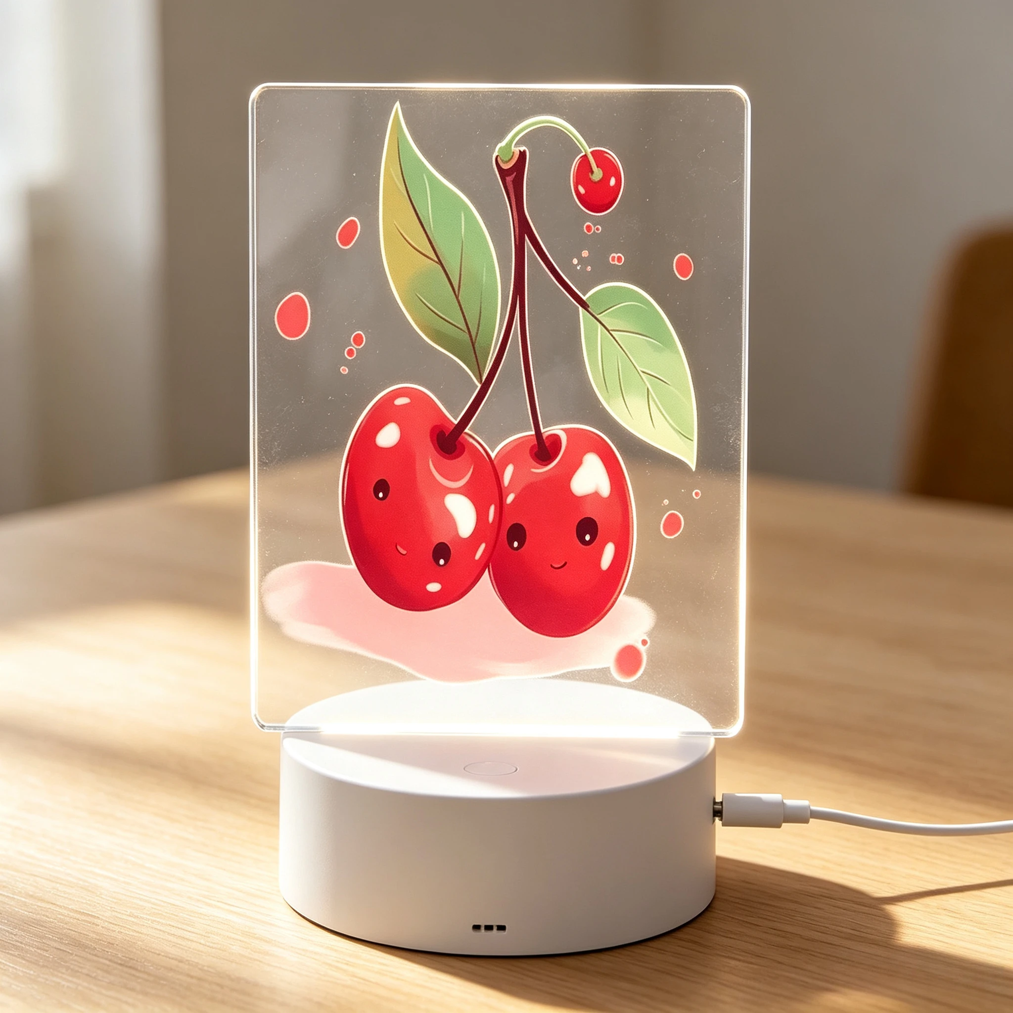 Cute Smiling Cherry Acrylic Night Light, LED Bedside Lamp Cartoon Fruit Kids Bedroom Decor Gift