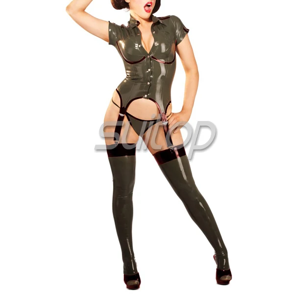 

Suitop latex outfit sexy rubber unifrom top,briefs,stockings military army woman style clothing three-piece suit sets