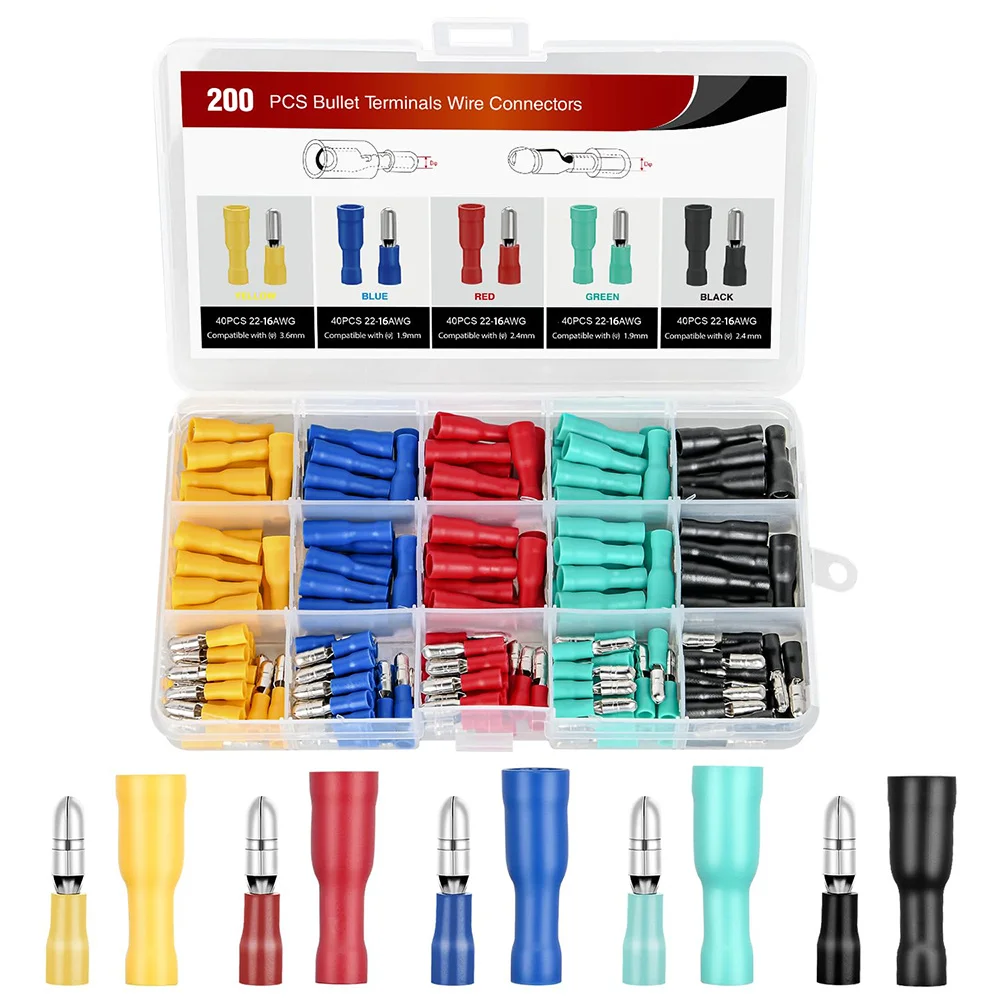 200Pcs Bullet Connectors Kit 22-16AWG Insulated Splice Female Male Bullet Crimp Butt Terminals Electrical Crimp Wire Connectors