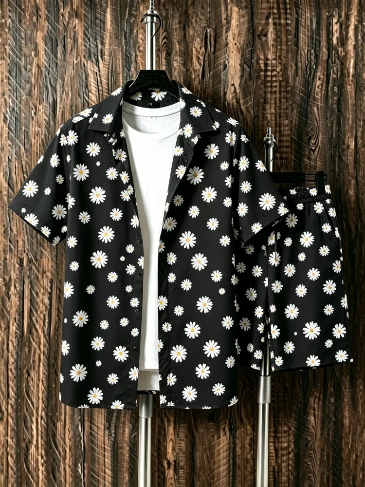

Men's Short Sleeve Shirt & Shorts Set, Loose Comfort Black Daisy Print Casual Summer Outfit, Stylish & Breathable