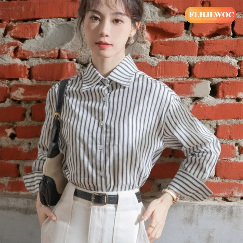 قمصان مخططة لطيف الفتيات السنة الجديدة امرأة 2026 ربيع الخريف طويلة الأكمام مكتب سيدة العمل أنيقة ركاب أساسيات القمصان #1