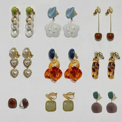 Acrylic Irregular Geometric Clip on Earrings Without Piercing  for Women Vintage Resin Green Brown Stone Fake Ear Clips Earrings
