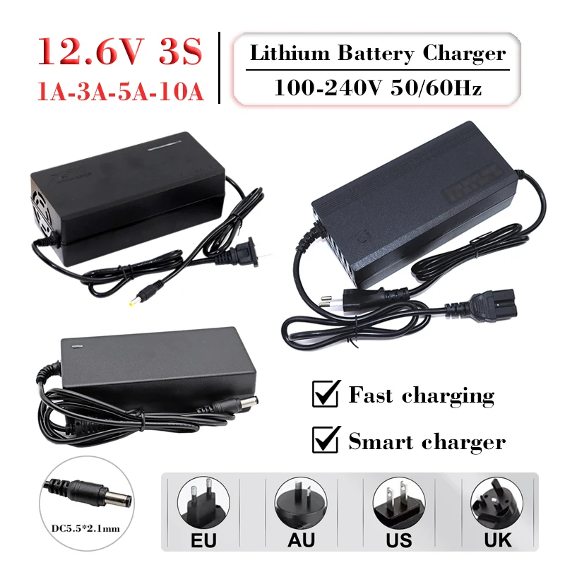 12.6V 1A 3A 5A 10A Lithium Battery Charger AC100-240V to DC For 11.1V 3S 12V Electric tool Li-ion battery pack Fast charging