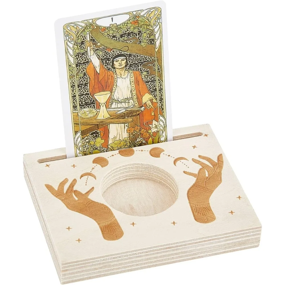 Tarot-Kartenständer aus Holz, geschnitzter Kerzenhalter, Mond- und Hand der Hoffnung-Muster, 10 x 8 x 1,5 cm, rechteckiger Altarständer