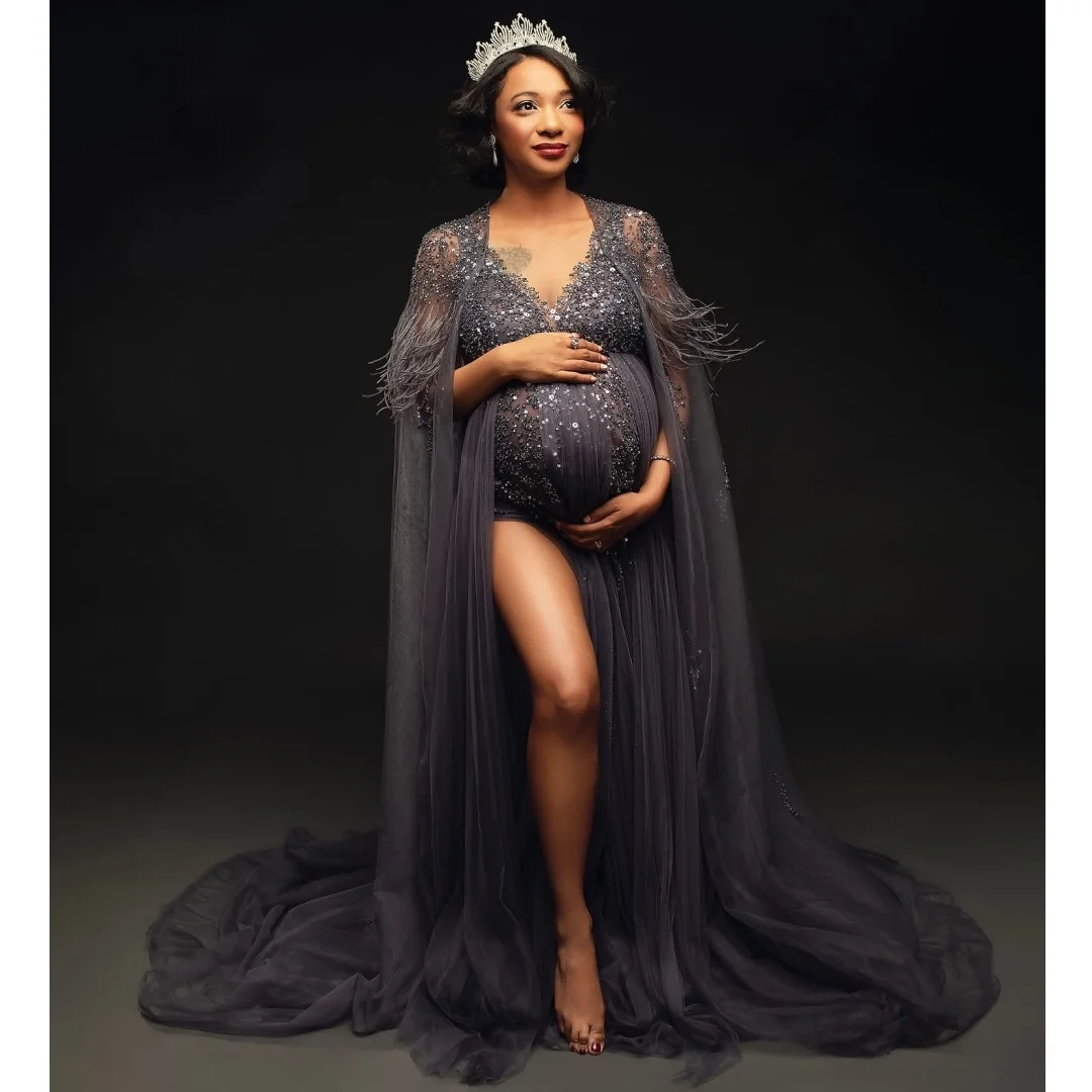 

2 Pcs Prom Dresses Luxury Sequin Beaded Maternity Dress Customized Feathers Wrap Exquisite vestido de novia Photography Props