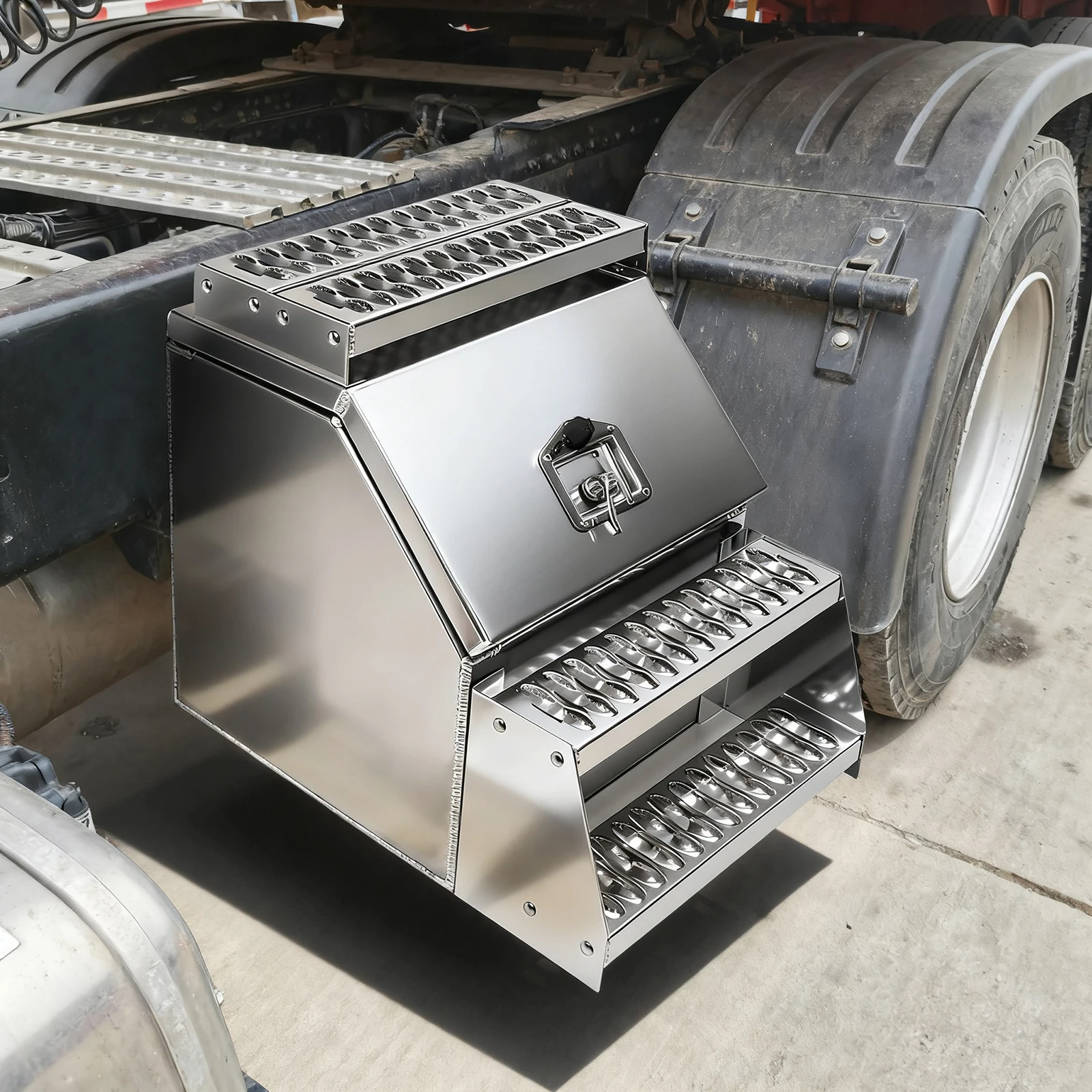 

18in Aluminum Semi Trucks Step Box 17.99x27.99x25inch Tool Box with T-Handle Latch Lock for Peterbilt Kenworth & More