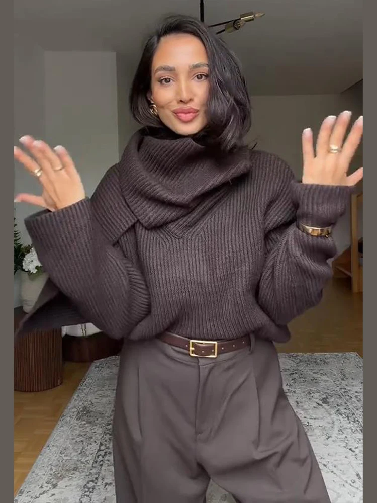 

2026 Spring Women's Knit Scarf Collar Sweater Loose Thick Warm Long Sleeve Brown Pullover Fashion New Lady Warm Knitwear