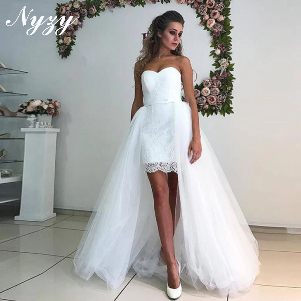 NYZY W68 Hi-low Detachable Tulle Train Lace Wedding Dresses 2025 Short Party Prom Gowns Customized