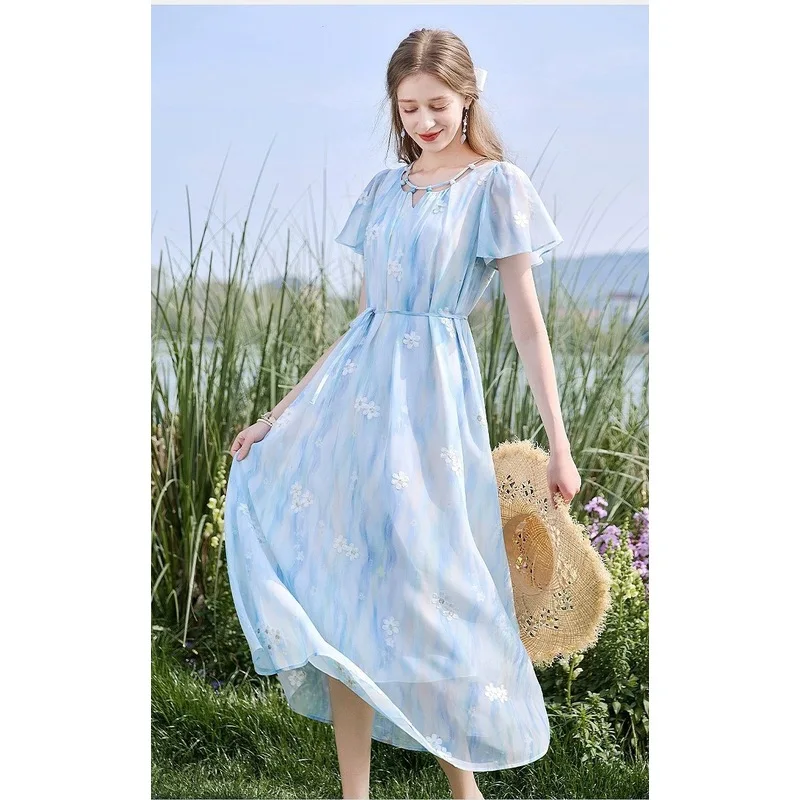Blue Smudged Short-sleeved Dress Women's Summer New French Floral Vacation Embroidered Chiffon Dress