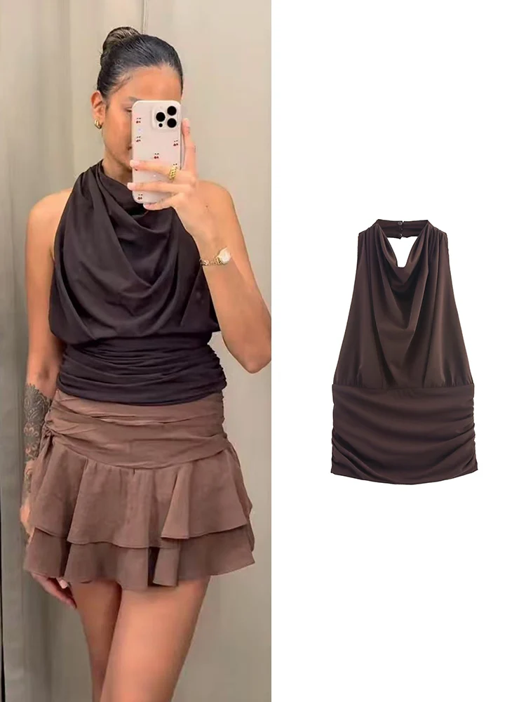 

TFMLN складные топы на бретельках для женщин, элегантные базовые классические топы с v-образным вырезом и открытой спиной, уличный летний повседневный простой повседневный жилет