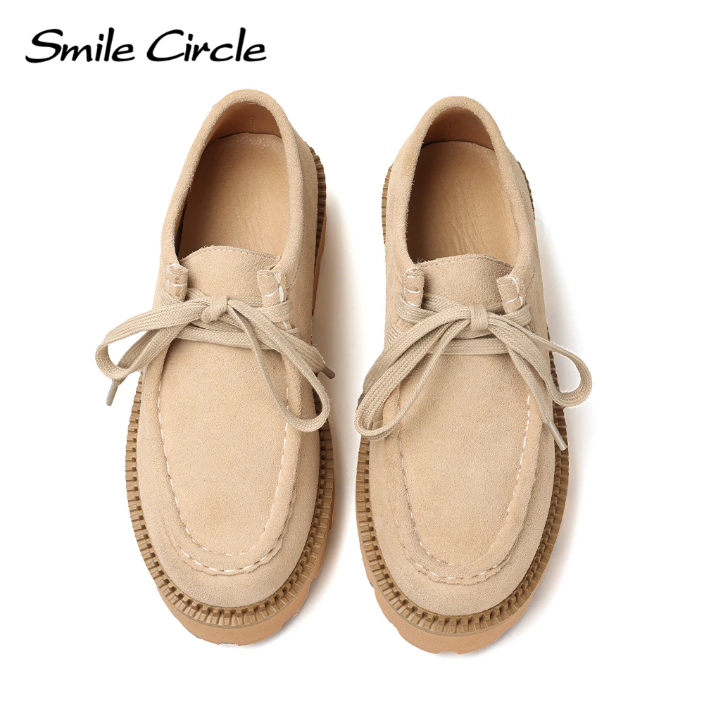 Smile Circle Suede Derby Shoes Women Lace-up Round Toe Flat Platform Shoes Fashion Casual Shoes Women\'s Loafers