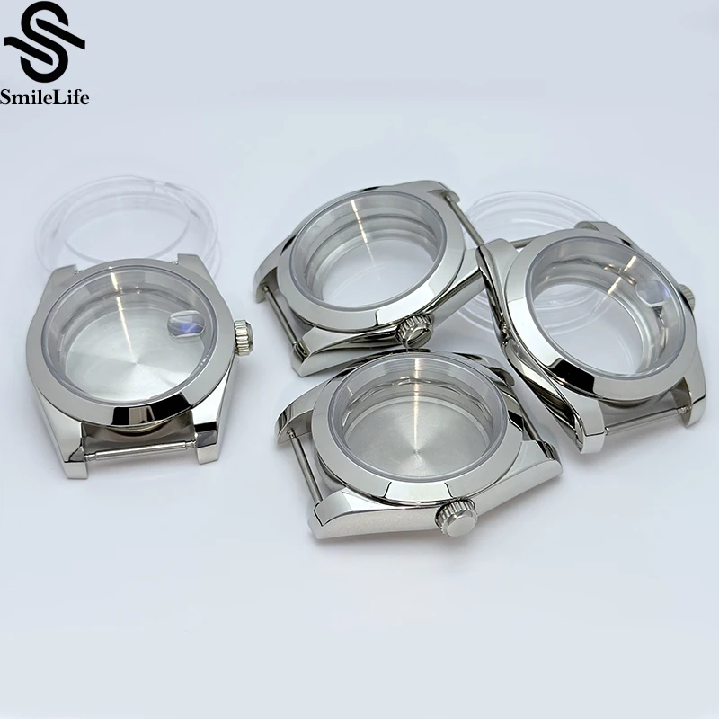 Smilelife vidro de safira 36mm/39mm para homens caixa de relógio caber nh34 nh35 nh36 movimento à prova dwaterproof água moda prata 316l inoxidável